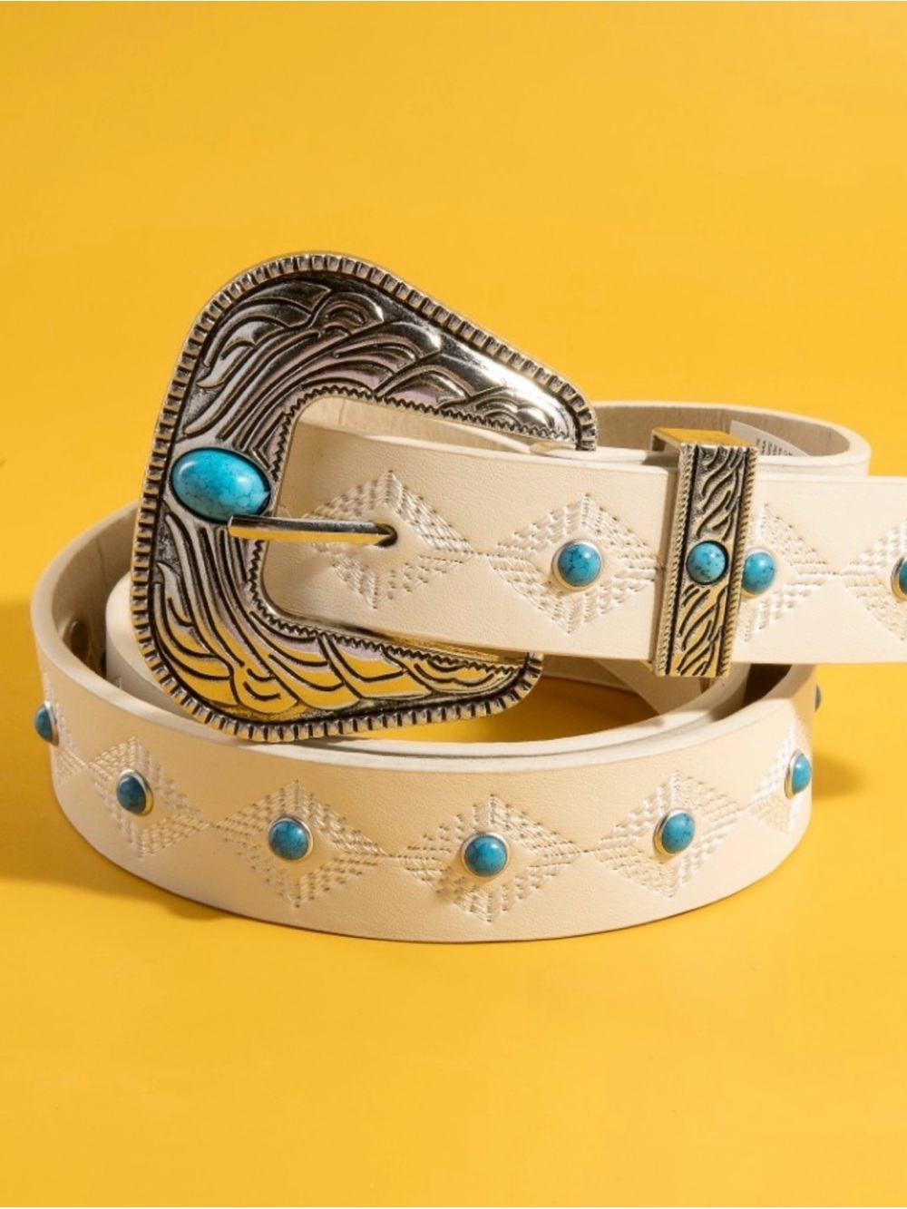 Cream Belt with Turquoise Stone Accents and Engraved Buckle